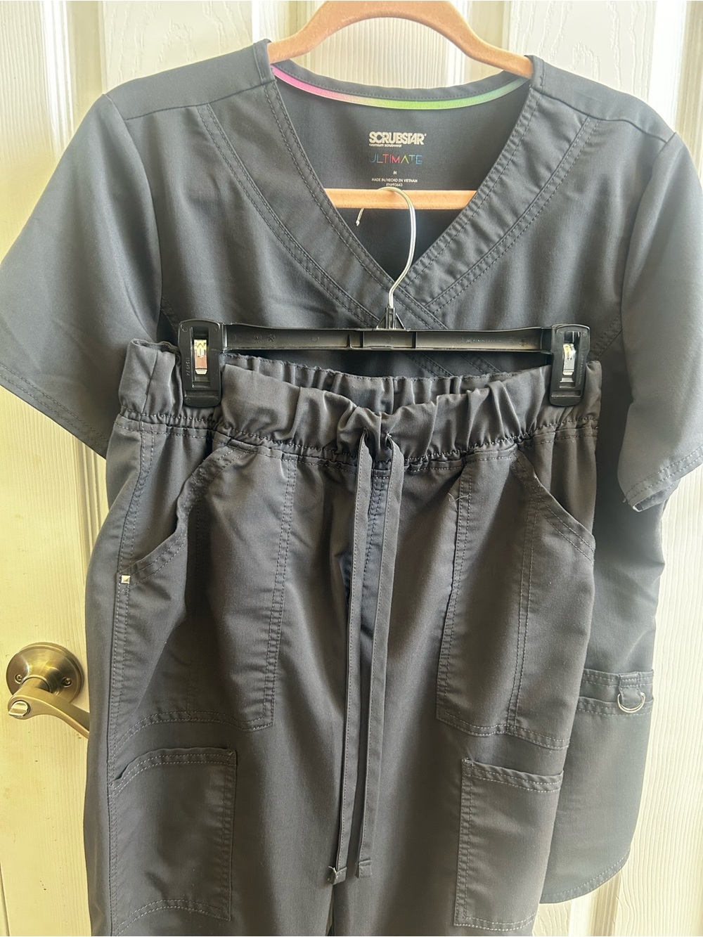 ScrubStar Medium Set Women's Gray Top and Gray Drawstring Cargo Scrub bottom